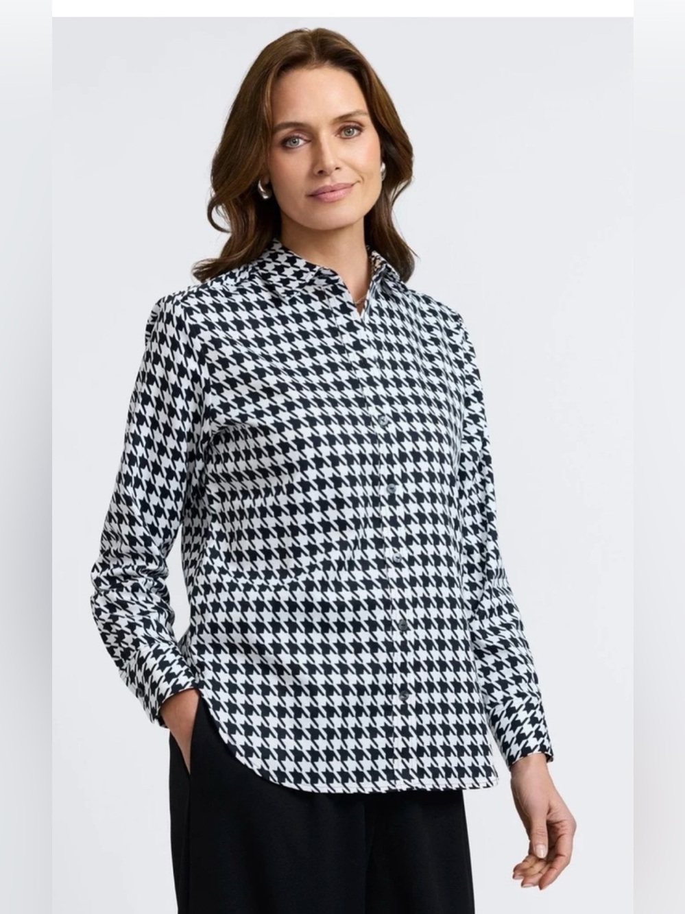 Theory Green/Black and White Houndstooth Button-Front Shirt